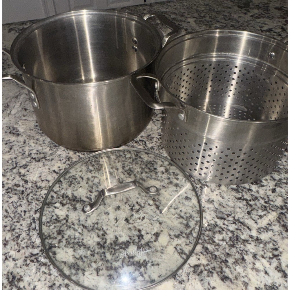 Calphalon 8Qt 8608 Stainless 4pc Stock Pot 1 steamer 1 strainer & glass lid EUC